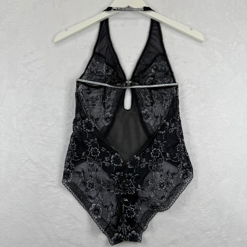 Victoria's Secret Very Sexy Black Lace Silver Metallic Halter Teddy Bodysuit S - Picture 5 of 10